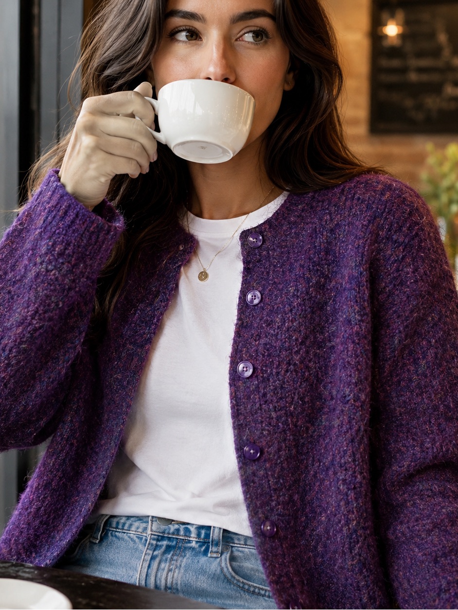 Appleseed's Deep Purple Pink Heathered Button-Front Women's Cardigan Petite